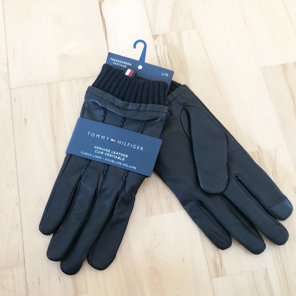 SALE NEW TOMMY HILFIGER GENUINE LEATHER BLACK GLOVES LARGE